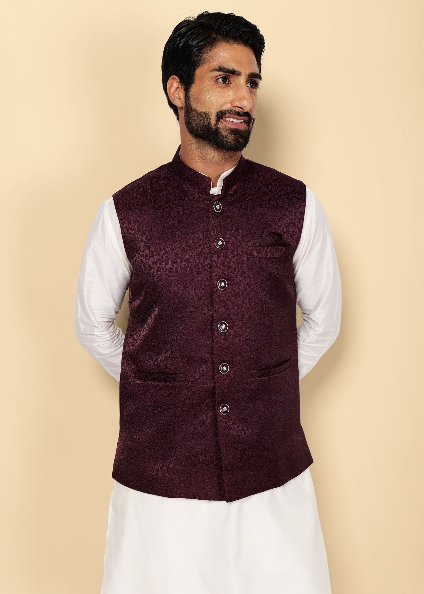 Wine Jacquard Nehru Jacket