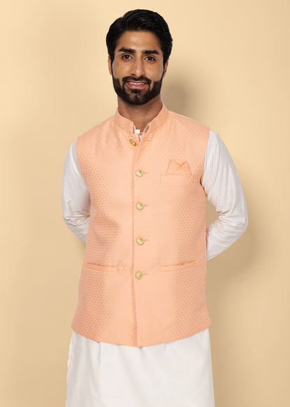 Peach Self Design Nehru Jacket