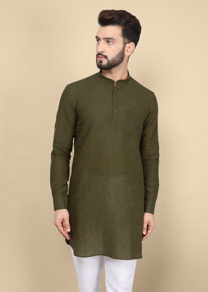 Olive Green Linen Kurta