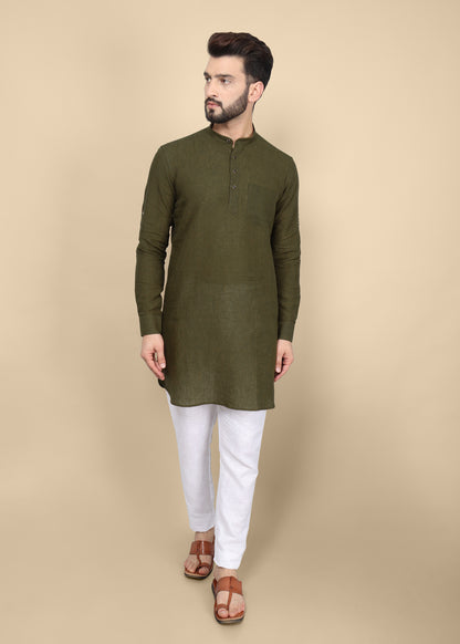 Olive Green Linen Kurta