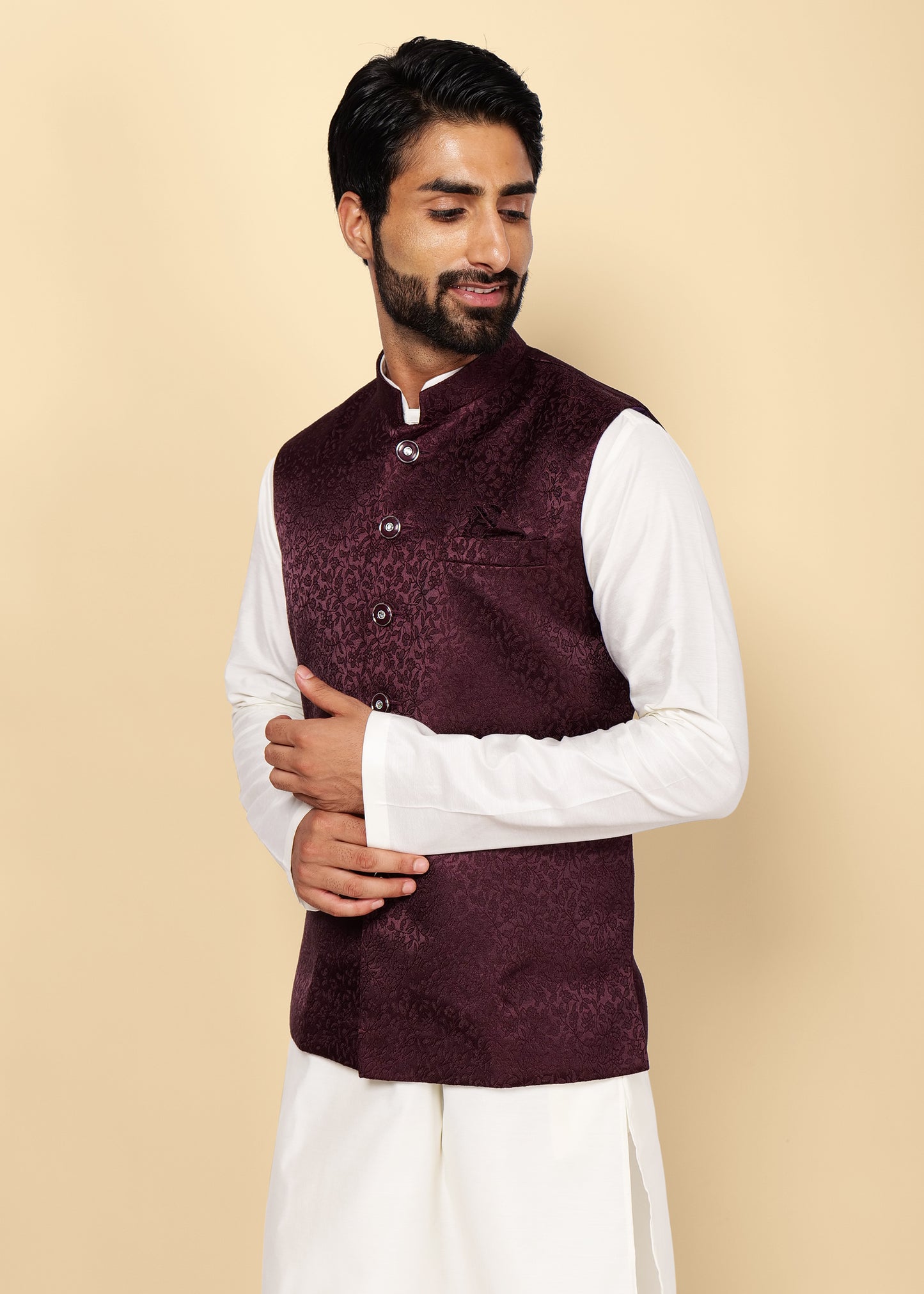 Wine Jacquard Nehru Jacket