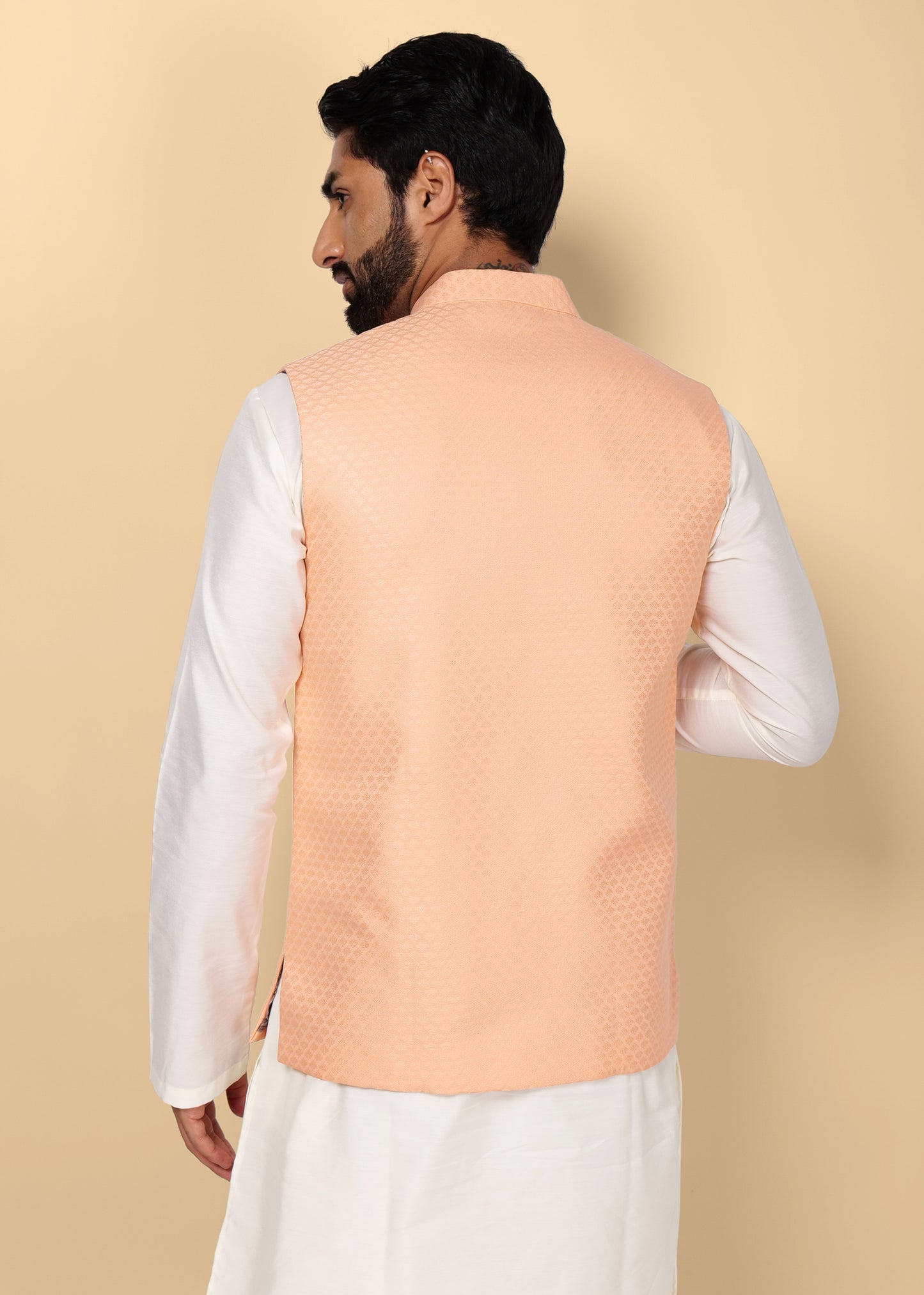 Peach Self Design Nehru Jacket