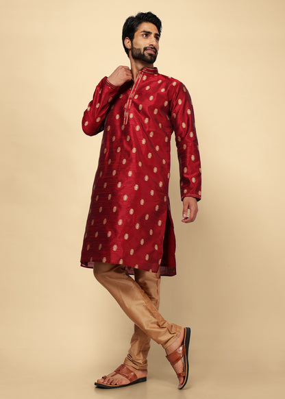 Maroon Motif Printed Silk Kurta Set