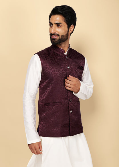 Wine Jacquard Nehru Jacket