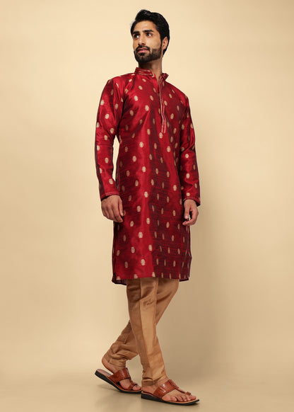 Maroon Motif Printed Silk Kurta Set