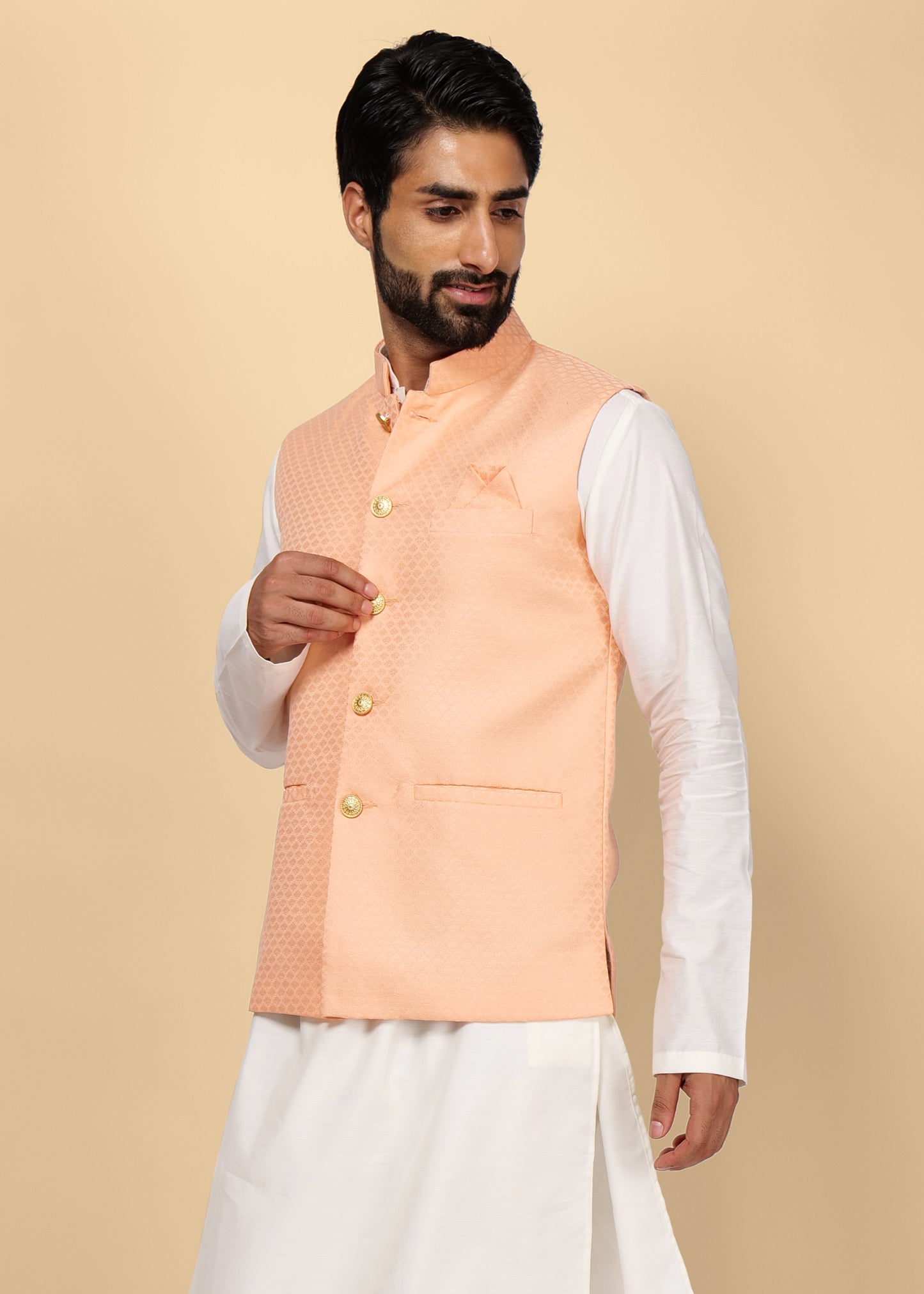 Peach Self Design Nehru Jacket