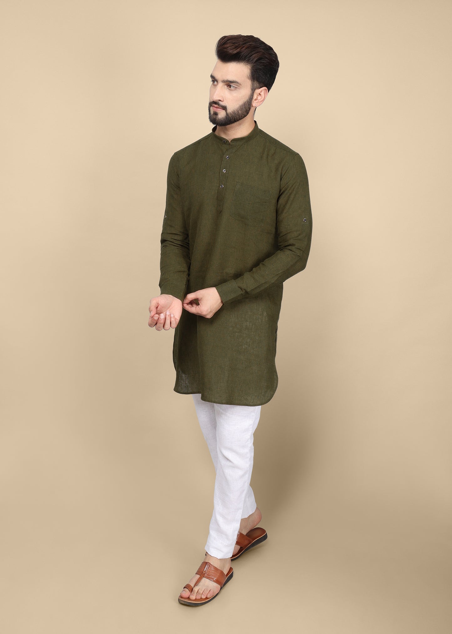 Olive Green Linen Kurta