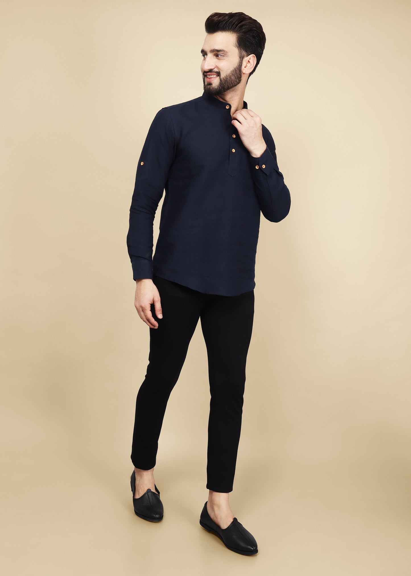 Navy Blue Linen Short Kurta