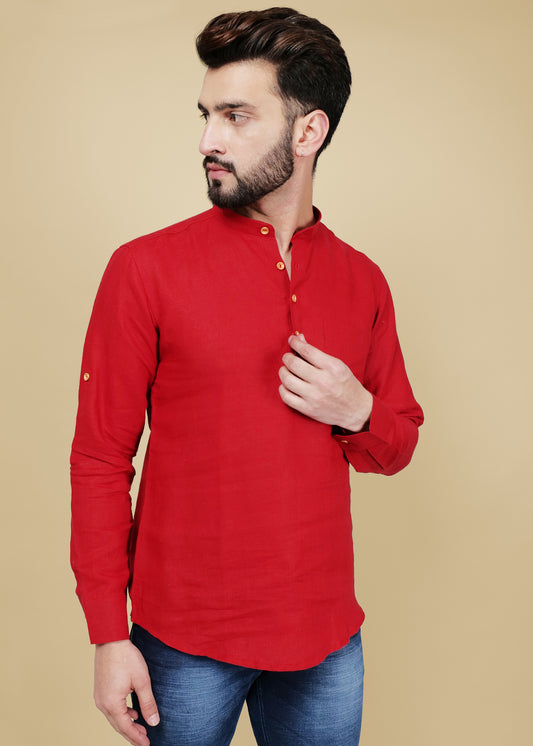 Red Linen Short Kurta