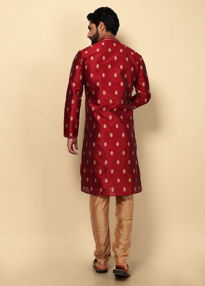 Maroon Motif Printed Silk Kurta Set