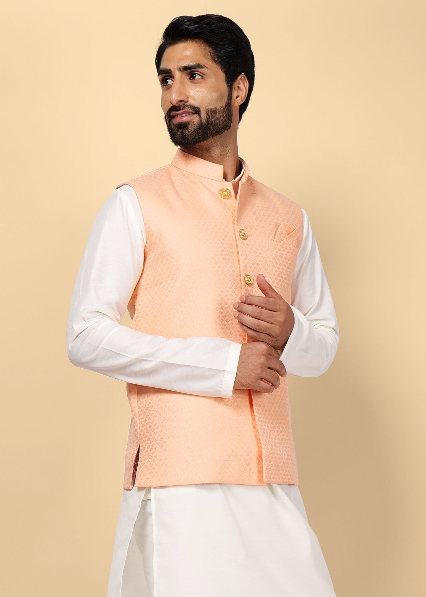 Peach Self Design Nehru Jacket