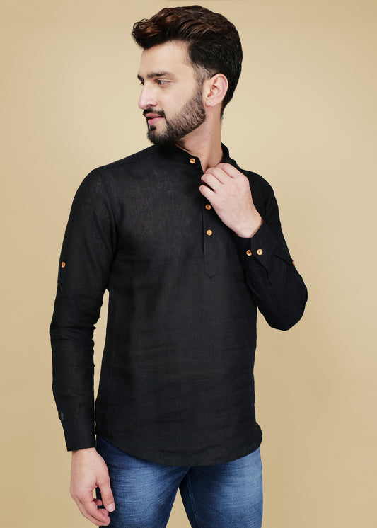 black linen short kurta 