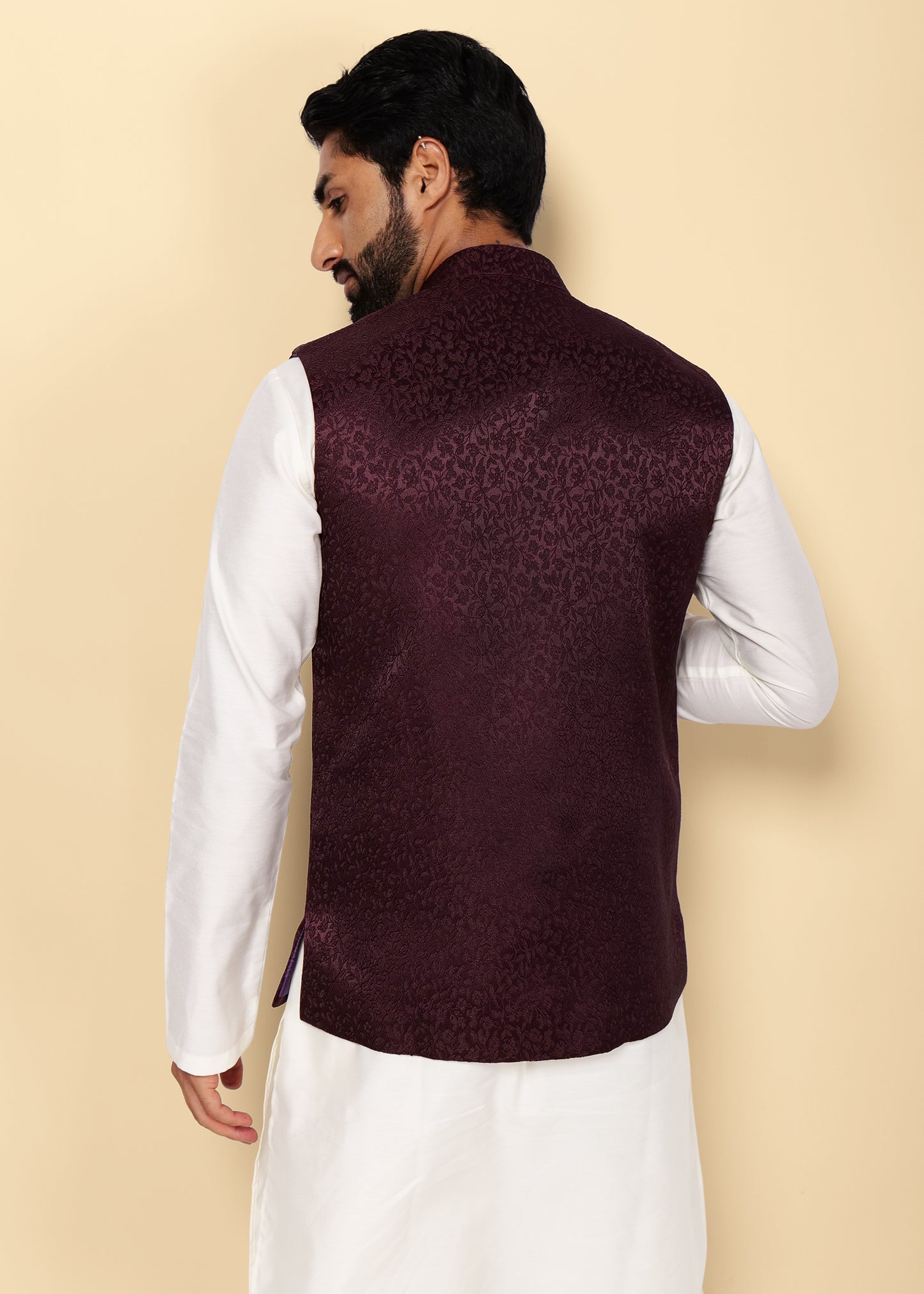 Wine Jacquard Nehru Jacket