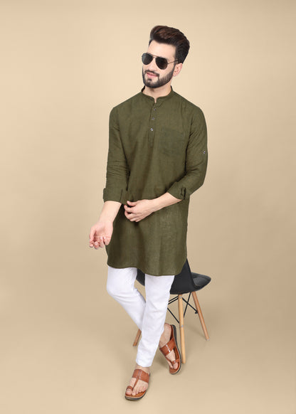 Olive Green Linen Kurta