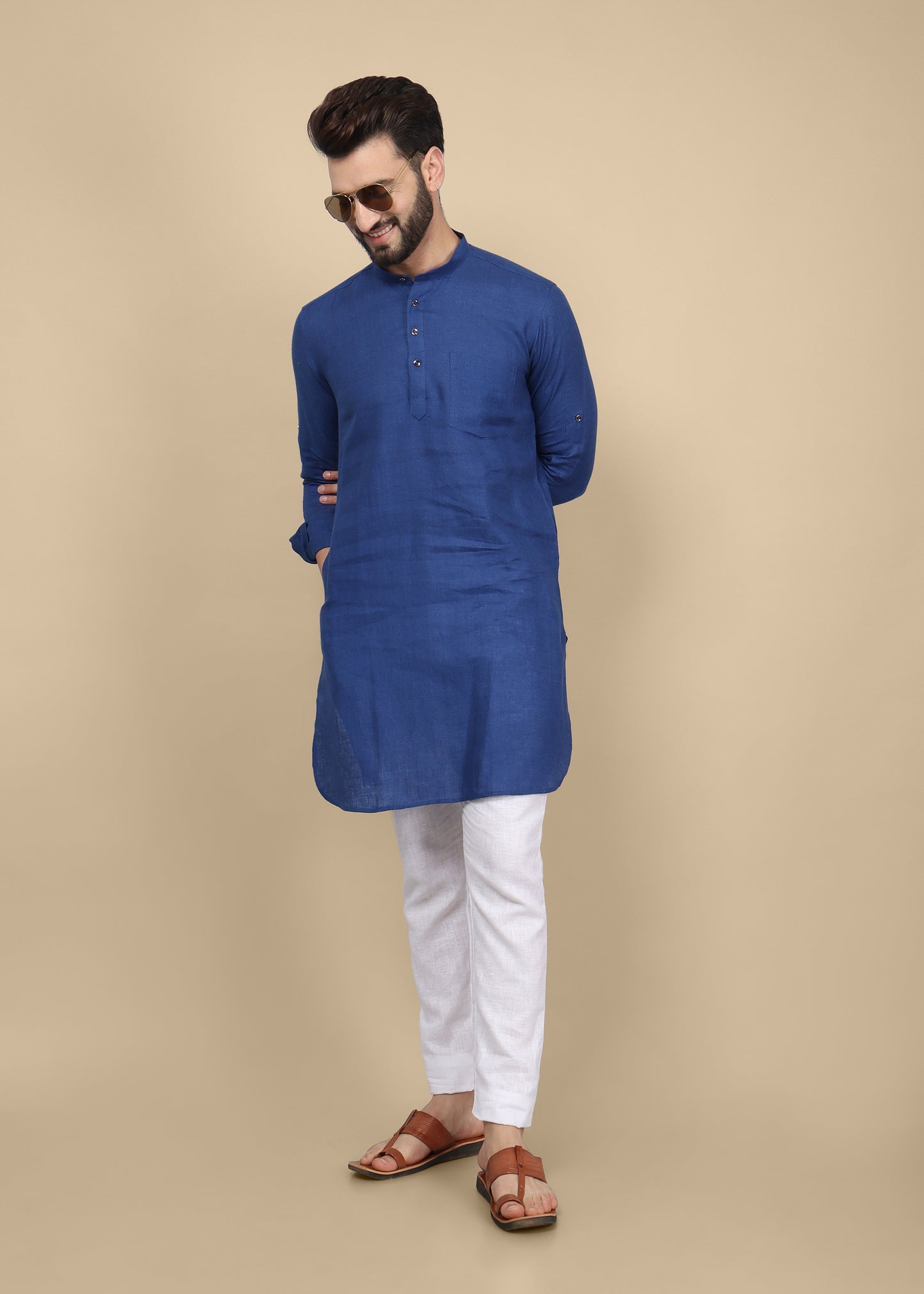 R blue Linen Kurta