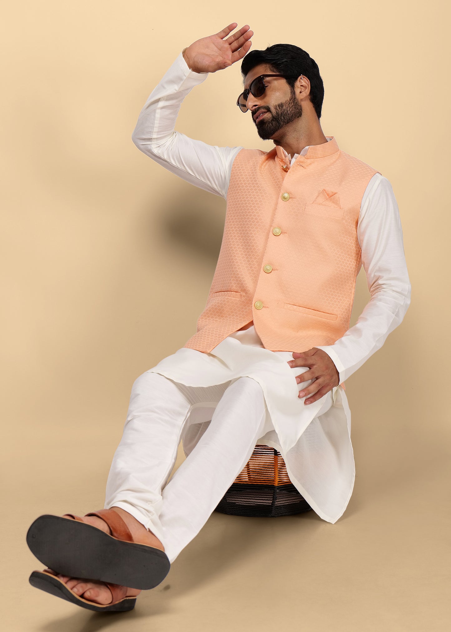 Peach Self Design Nehru Jacket