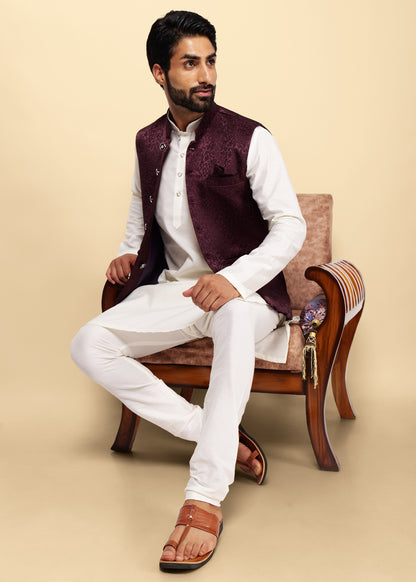 Wine Jacquard Nehru Jacket