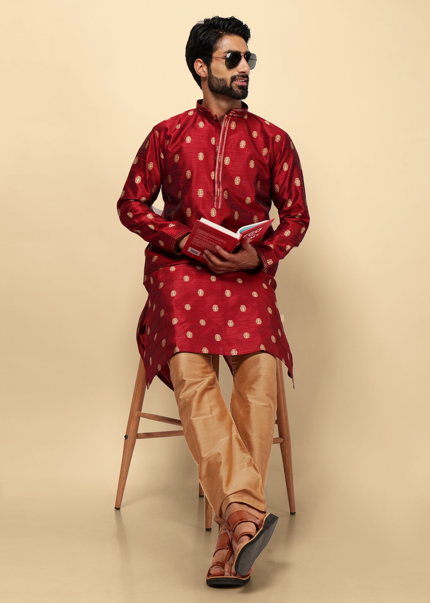 Maroon Motif Printed Silk Kurta Set