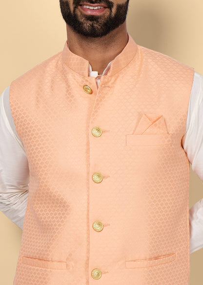 Peach Self Design Nehru Jacket