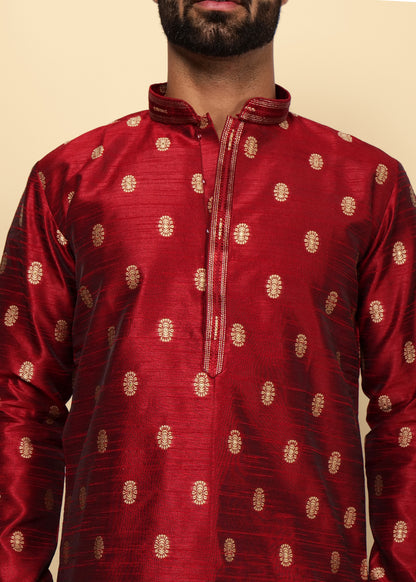 Maroon Motif Printed Silk Kurta Set